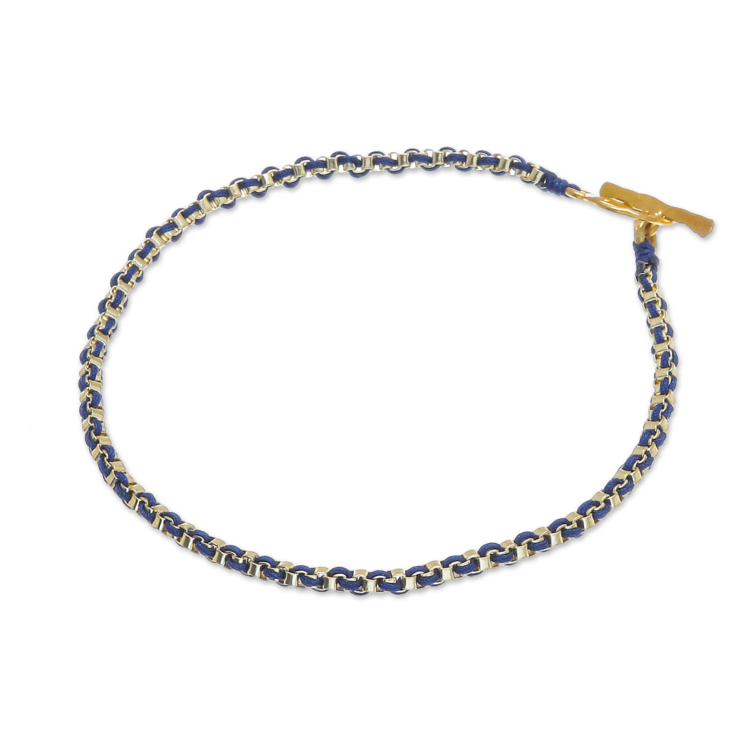 Gold Plated Brass Chain Bracelet in Dark Blue from Thailand - Golden Day in Dark Blue