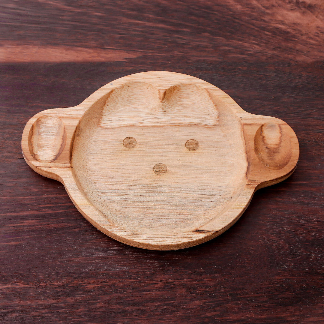Monkey-Themed Teak Wood Serving Plate from Thailand - Playful Monkey