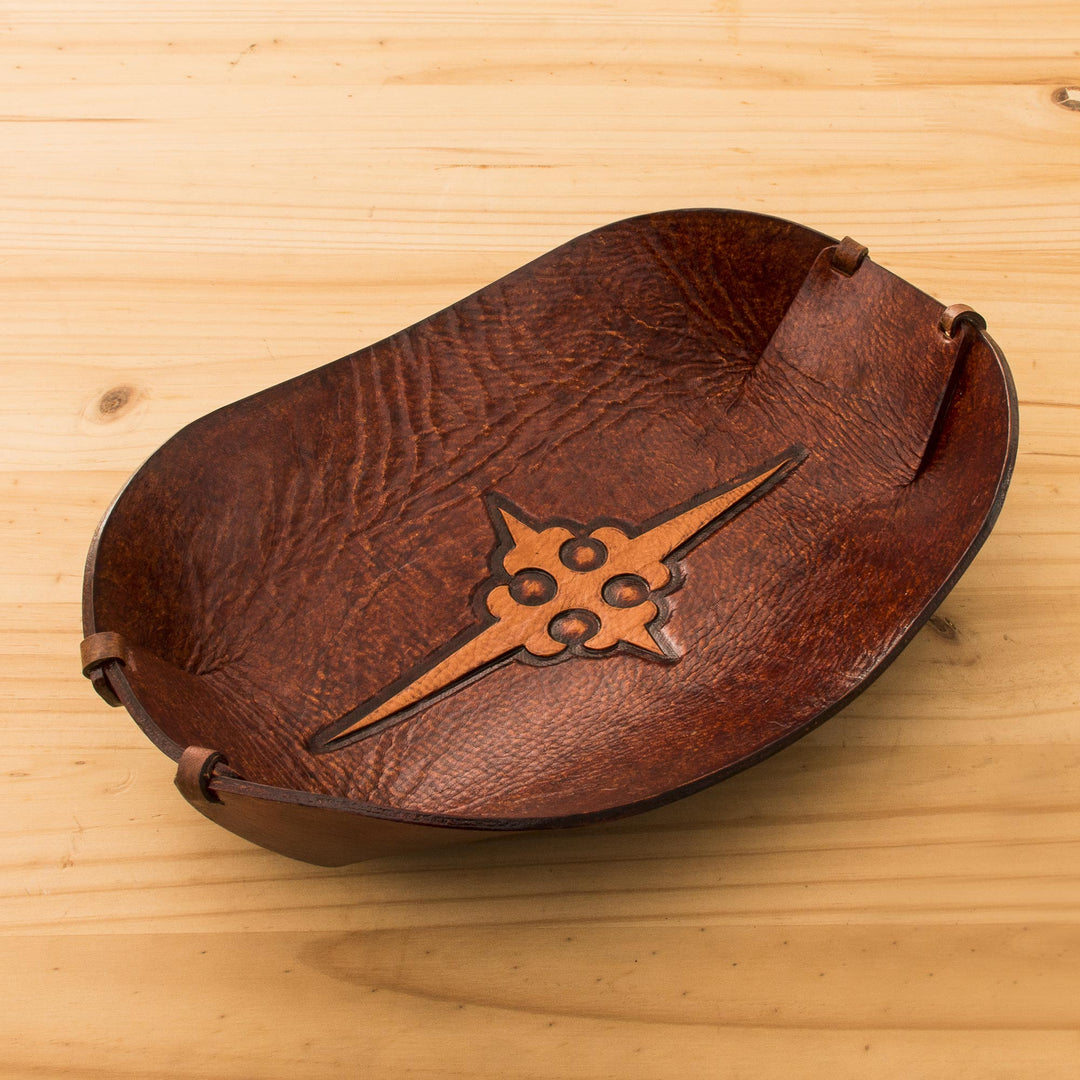 Cross Pattern Leather Catchall from Peru - Gothic Elegance