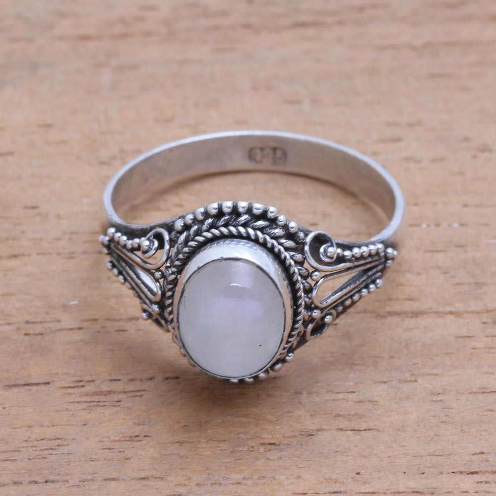 Handmade Rainbow Moonstone Single-Stone Ring from Bali - Princess Gem