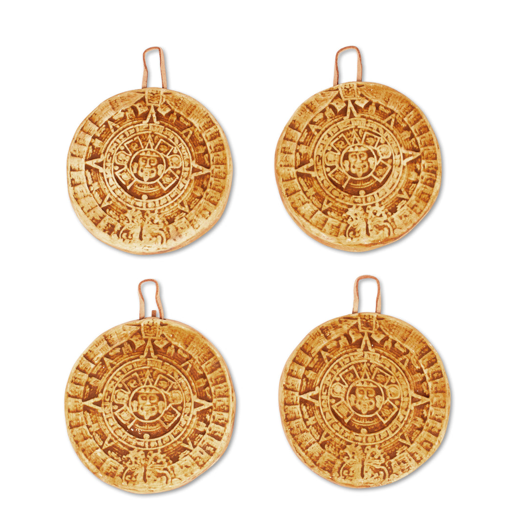 Ceramic Aztec Calendar Ornaments from Mexico (Set of 4) - Aztec Cosmos