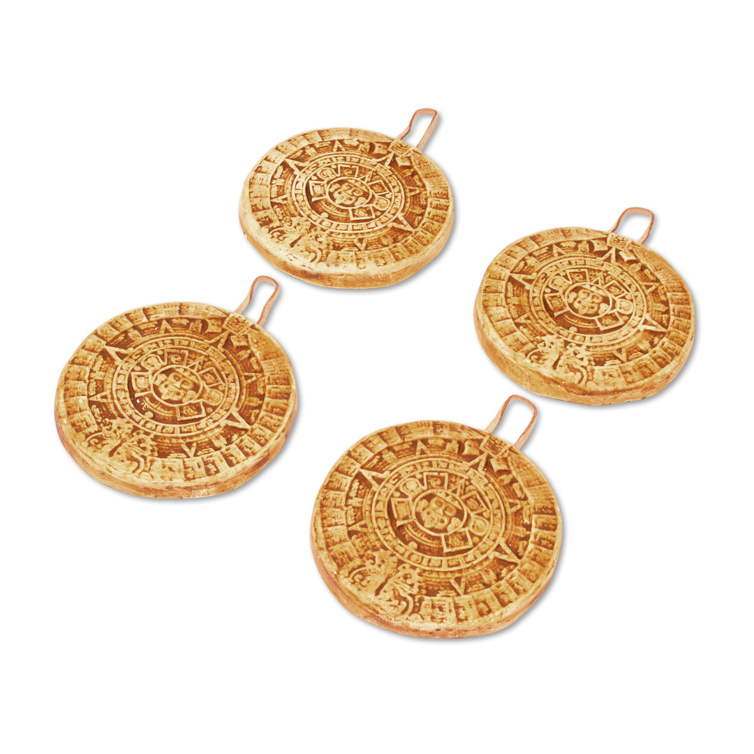 Ceramic Aztec Calendar Ornaments from Mexico (Set of 4) - Aztec Cosmos