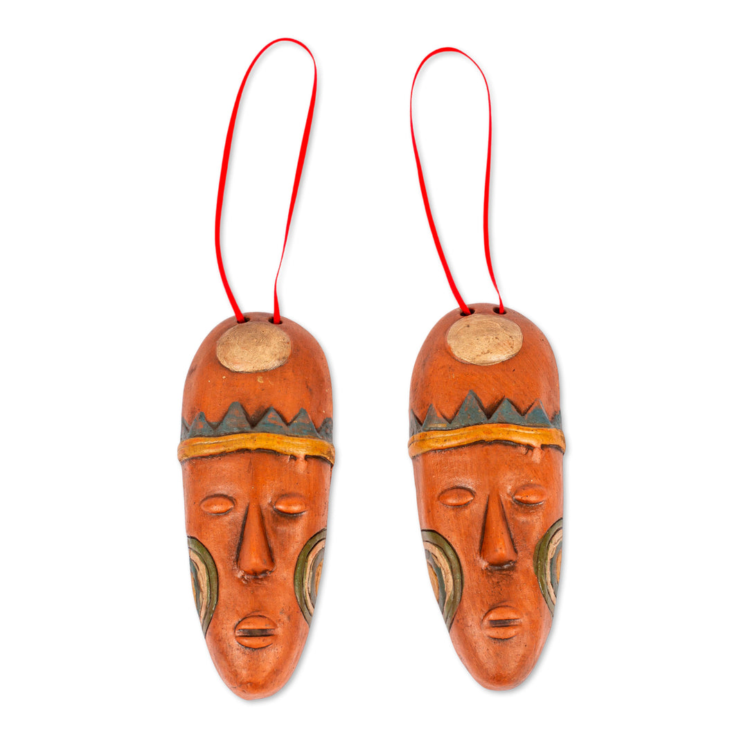 Ceramic Mask Ornaments in Brown from Mexico (Pair) - Charming Masks