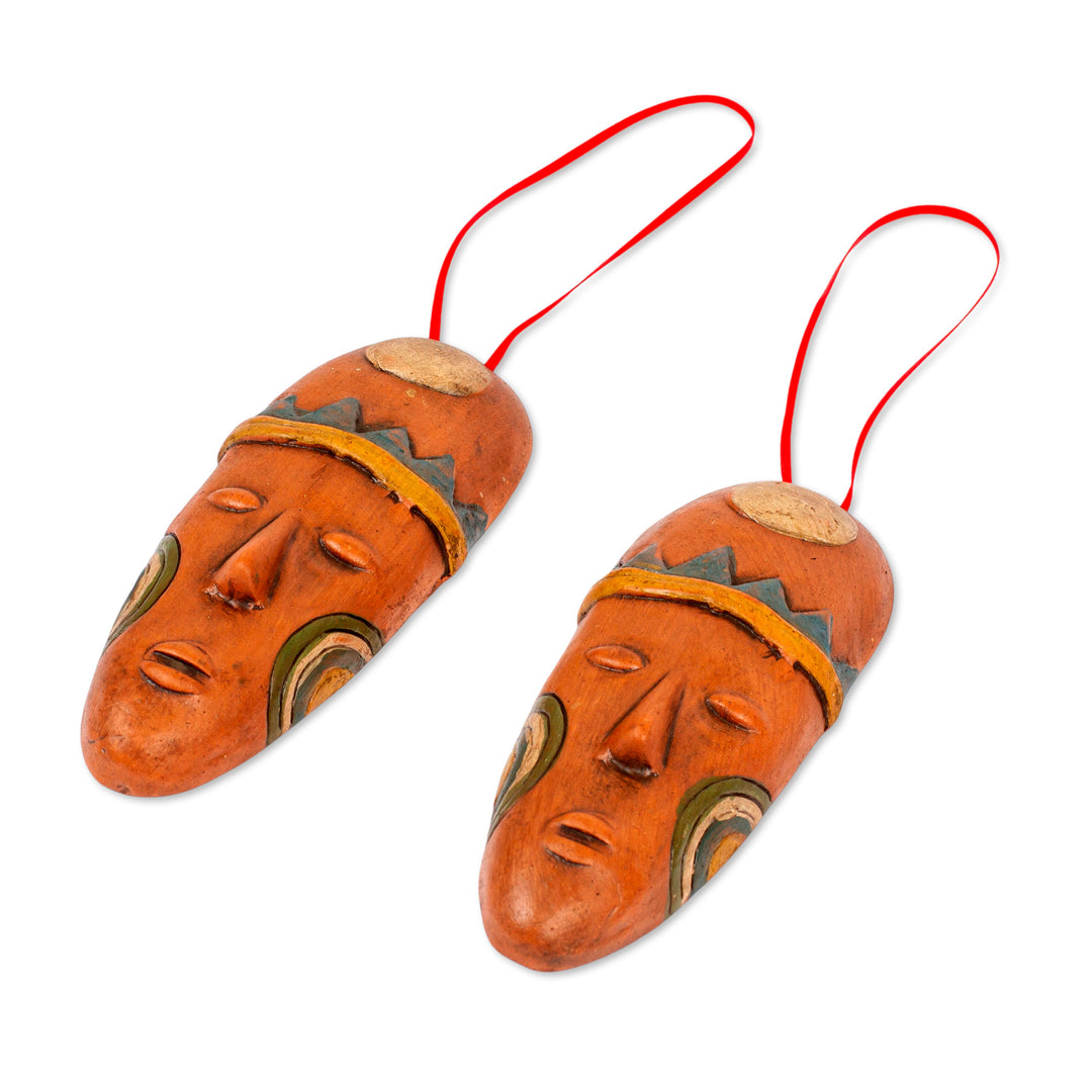 Ceramic Mask Ornaments in Brown from Mexico (Pair) - Charming Masks