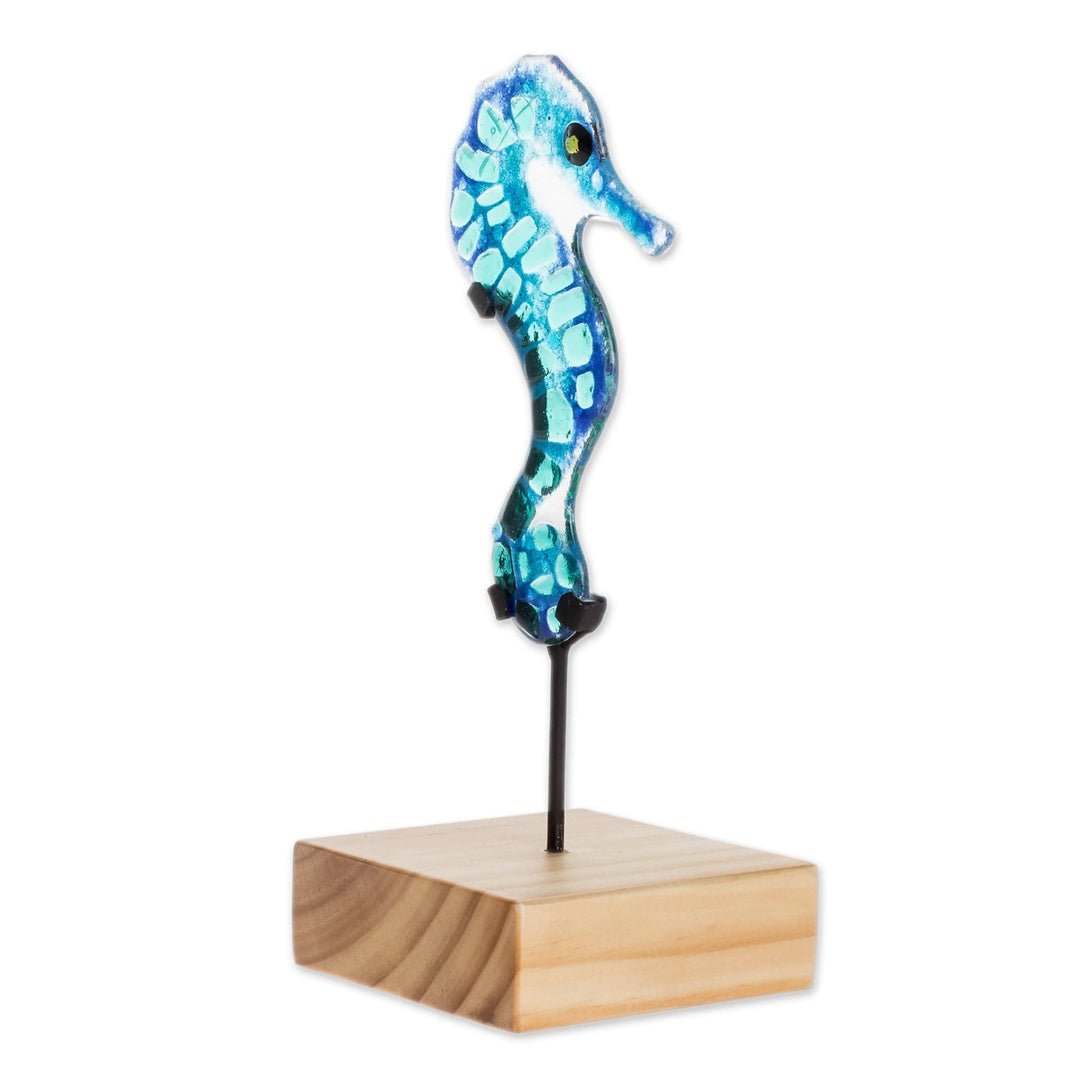 Art Glass Seahorse Sculpture from El Salvador - Blue Seahorse