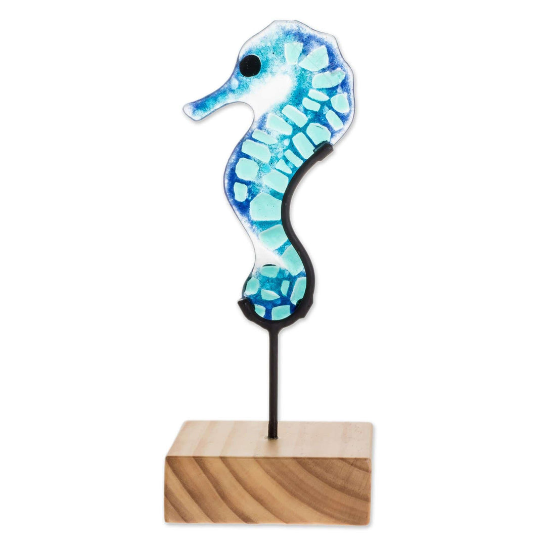 Art Glass Seahorse Sculpture from El Salvador - Blue Seahorse