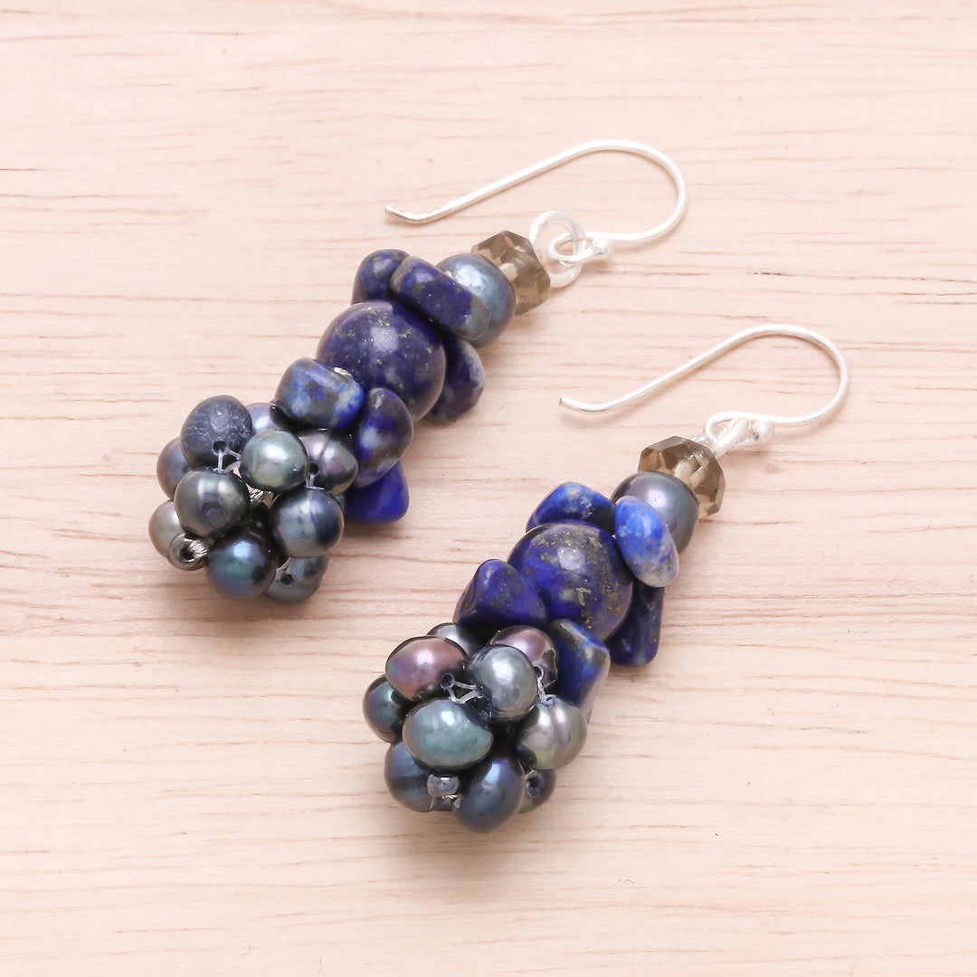Lapis Lazuli and Cultured Pearl Cluster Earrings - Heaven's Gift