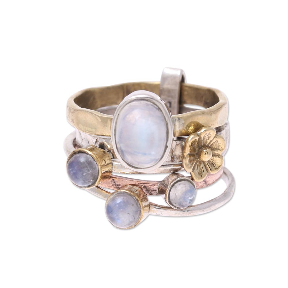 Mixed Metals Floral Rainbow Moonstone Ring from India - Rain Flowers