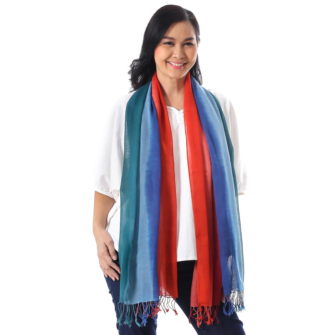 Blue and Red Cotton Wrap Scarves from Thailand (Pair) - Sunset Breeze