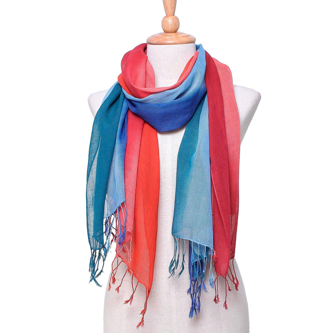 Blue and Red Cotton Wrap Scarves from Thailand (Pair) - Sunset Breeze