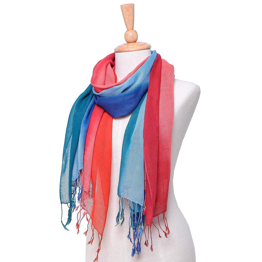 Blue and Red Cotton Wrap Scarves from Thailand (Pair) - Sunset Breeze