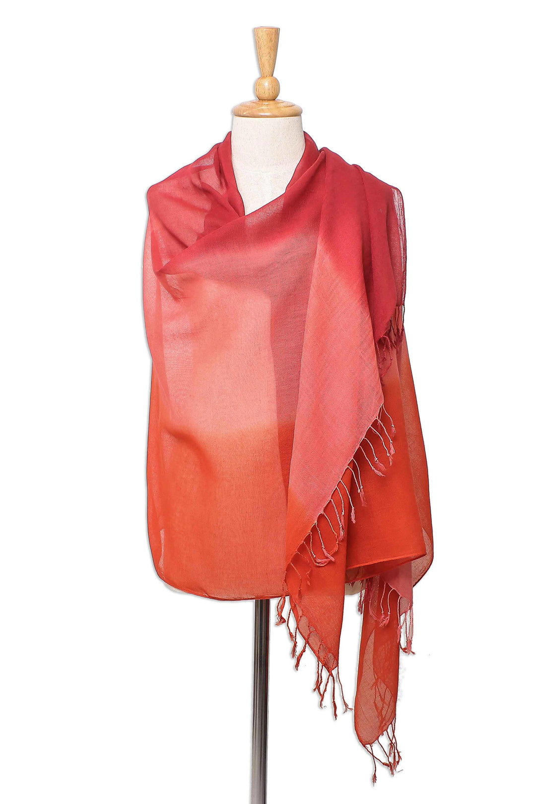 Ombre Cotton Shawl in Red and Orange from Thailand - Beautiful Sunset