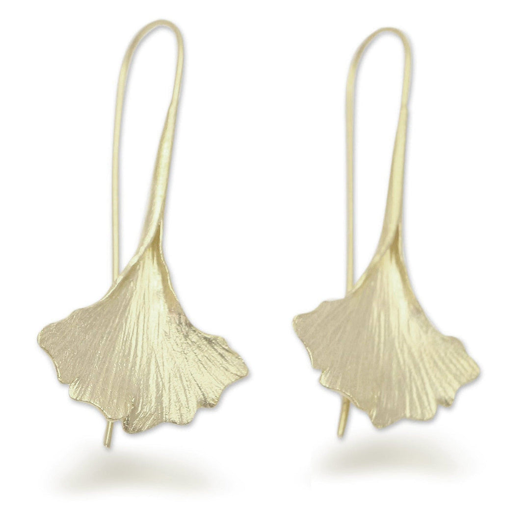 Gold Plated Sterling Silver Ginko Leaf Drop Earrings - Golden Ginko Leaf