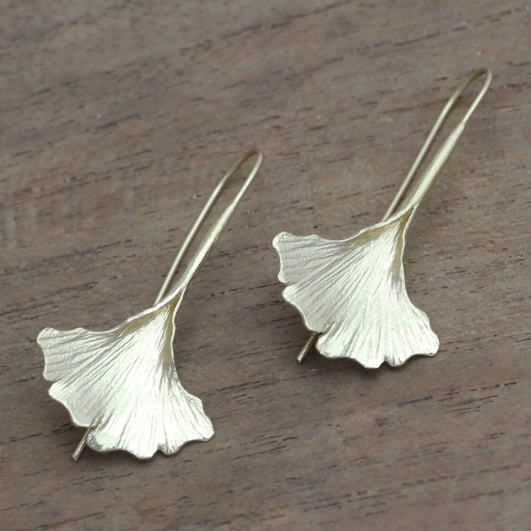 Gold Plated Sterling Silver Ginko Leaf Drop Earrings - Golden Ginko Leaf