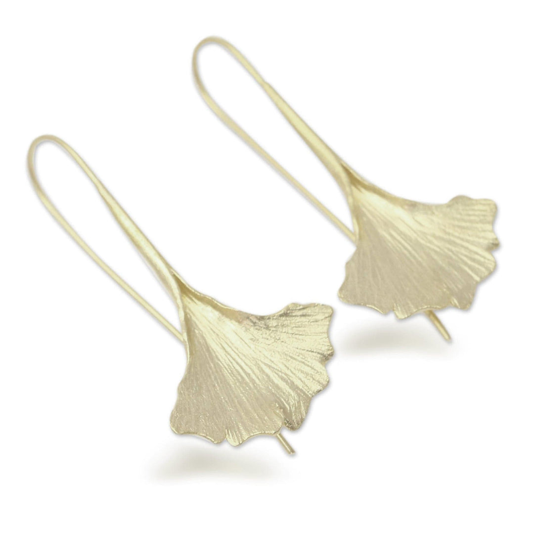 Gold Plated Sterling Silver Ginko Leaf Drop Earrings - Golden Ginko Leaf