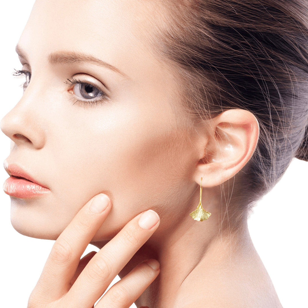 Gold Plated Sterling Silver Ginko Leaf Drop Earrings - Golden Ginko Leaf
