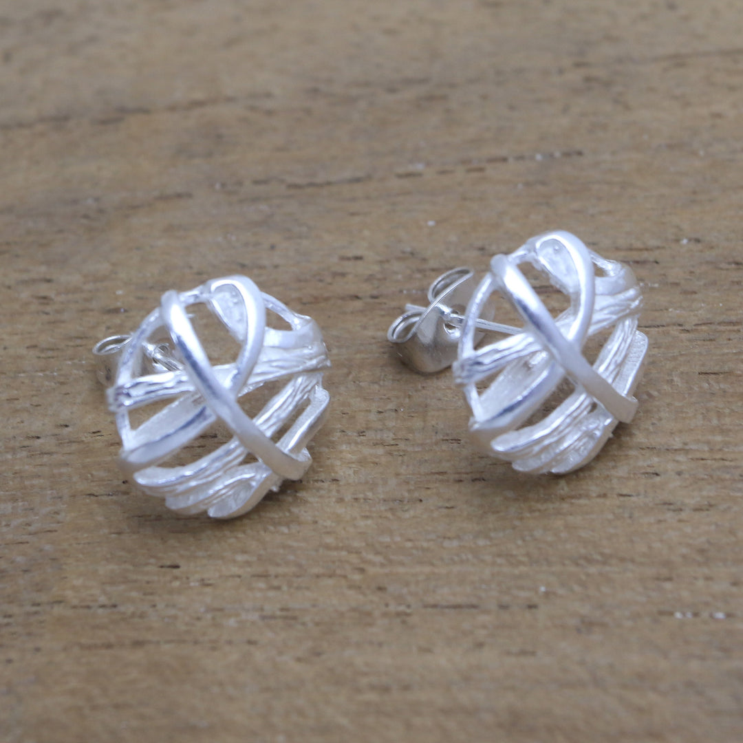 Handcrafted Sterling Silver Stud Earrings from Bali - Balinese Fabric
