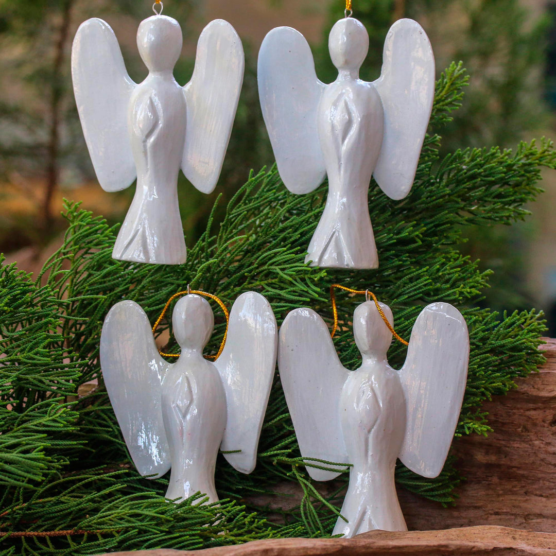 White Wood Angel Ornaments from Bali (Set of 4) - Silent Angels