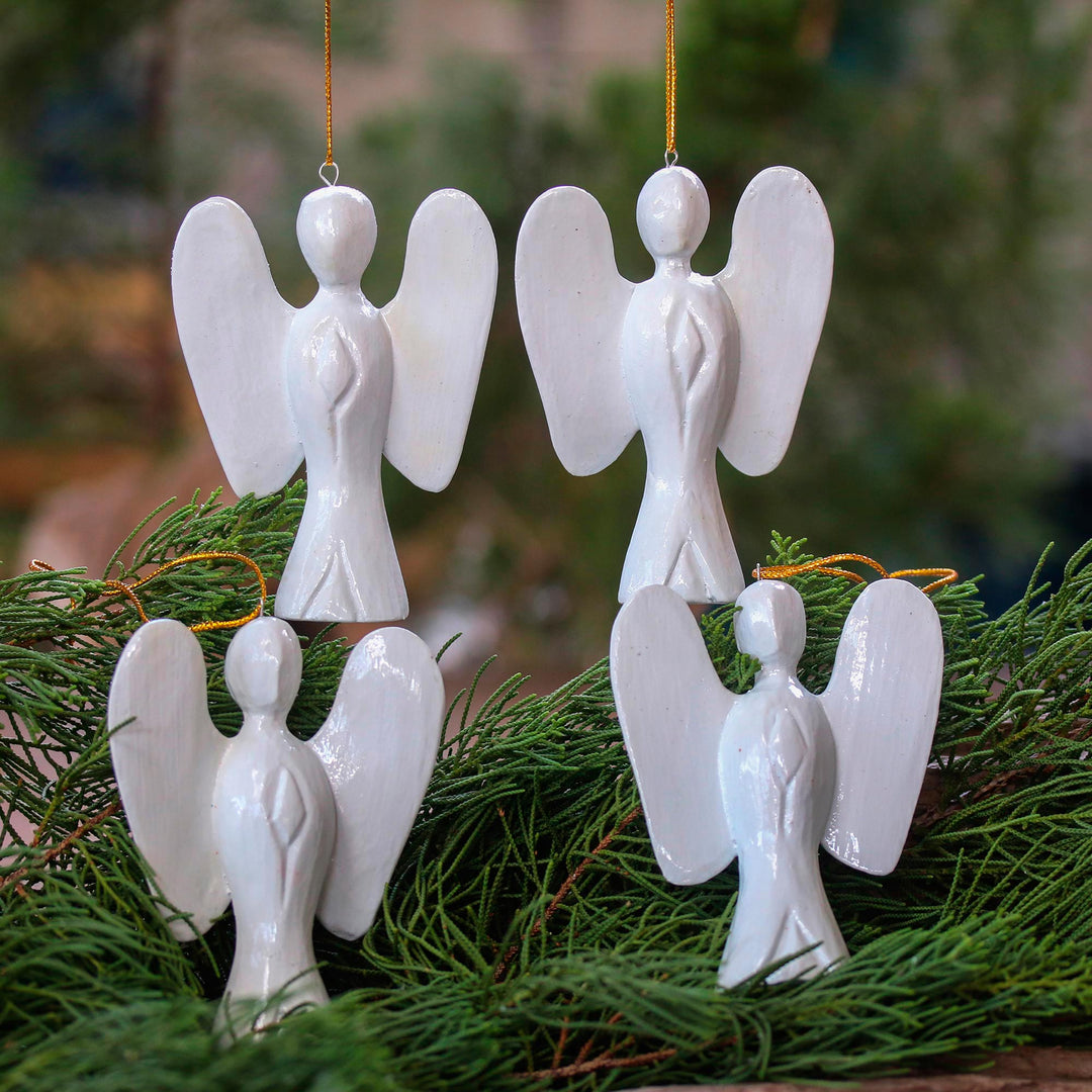 White Wood Angel Ornaments from Bali (Set of 4) - Silent Angels