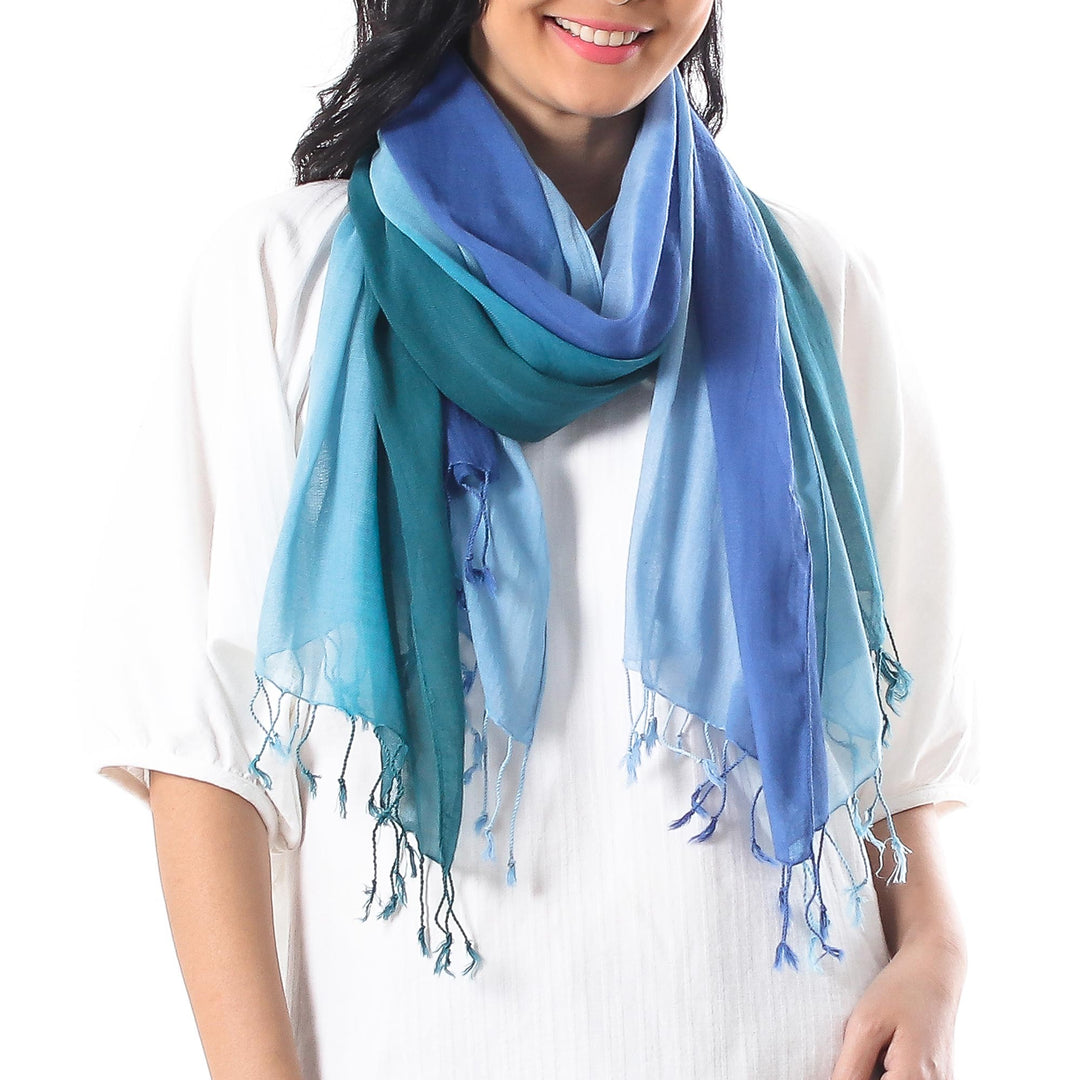Cotton Wrap Scarves in Blue from Thailand (Pair) - Delightful Breeze in Blue