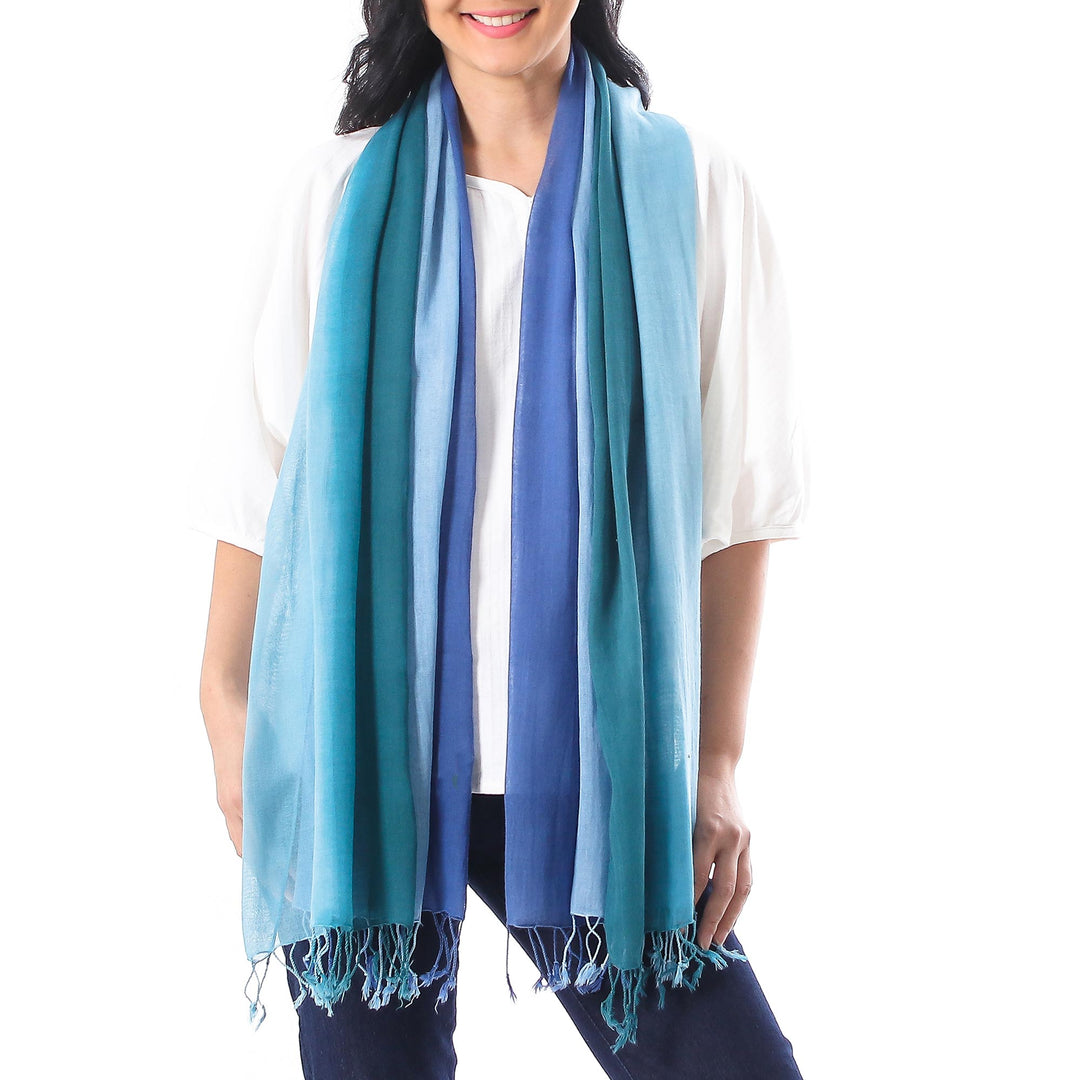 Cotton Wrap Scarves in Blue from Thailand (Pair) - Delightful Breeze in Blue