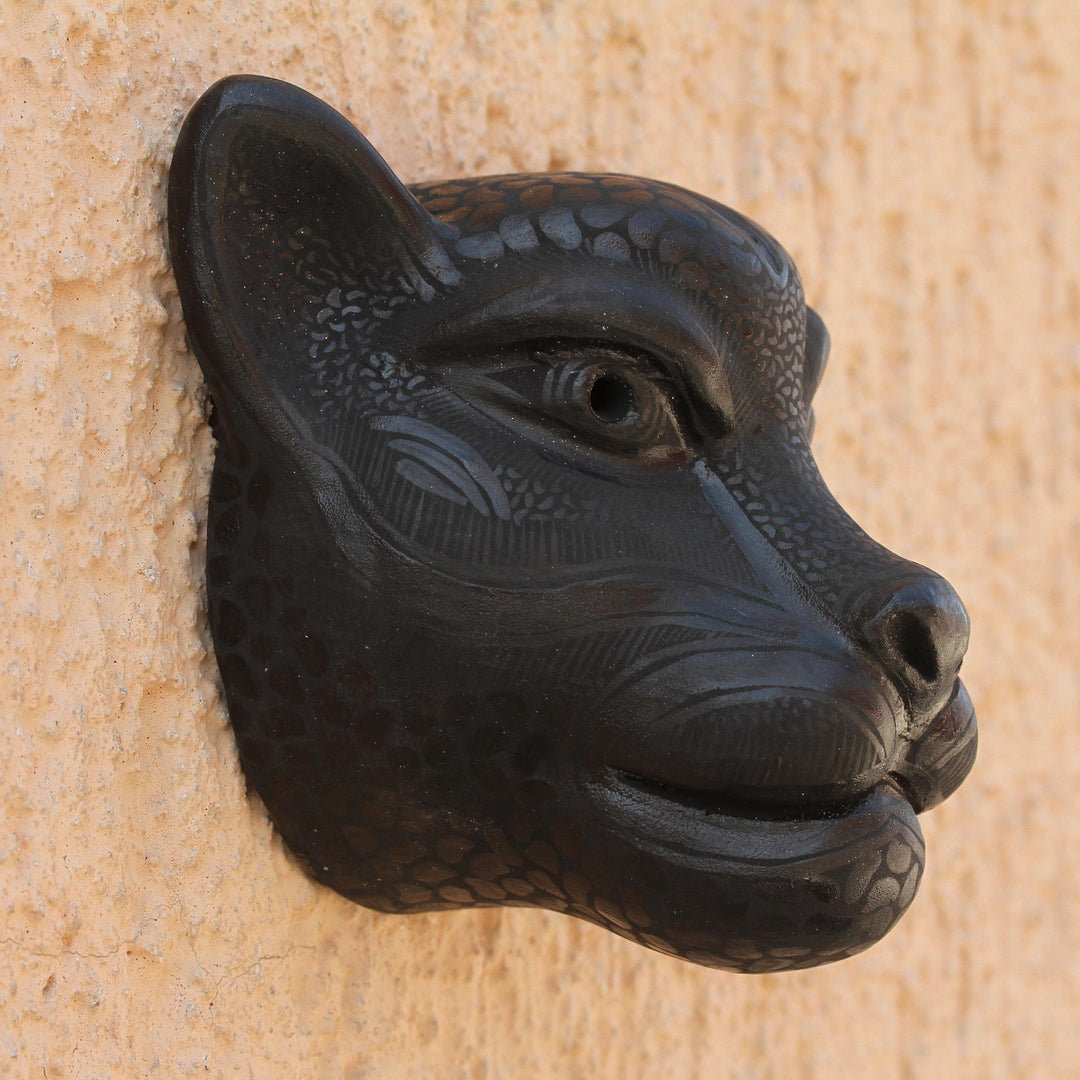 Handmade Black Ceramic Jaguar Mask from Mexico - Dark Jaguar