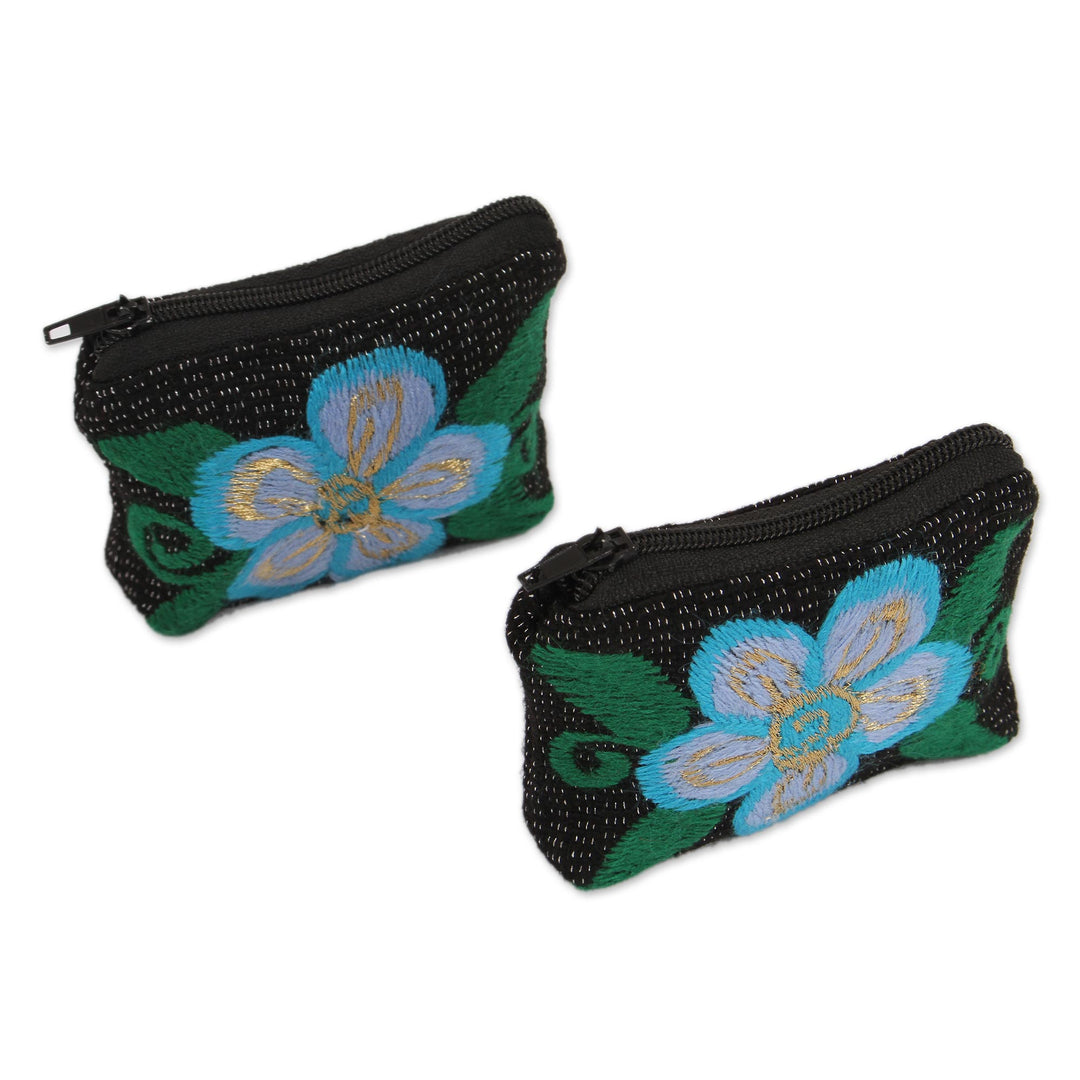 Floral Embroidered Cotton Coin Purses from Mexico (Pair) - Summer Morning
