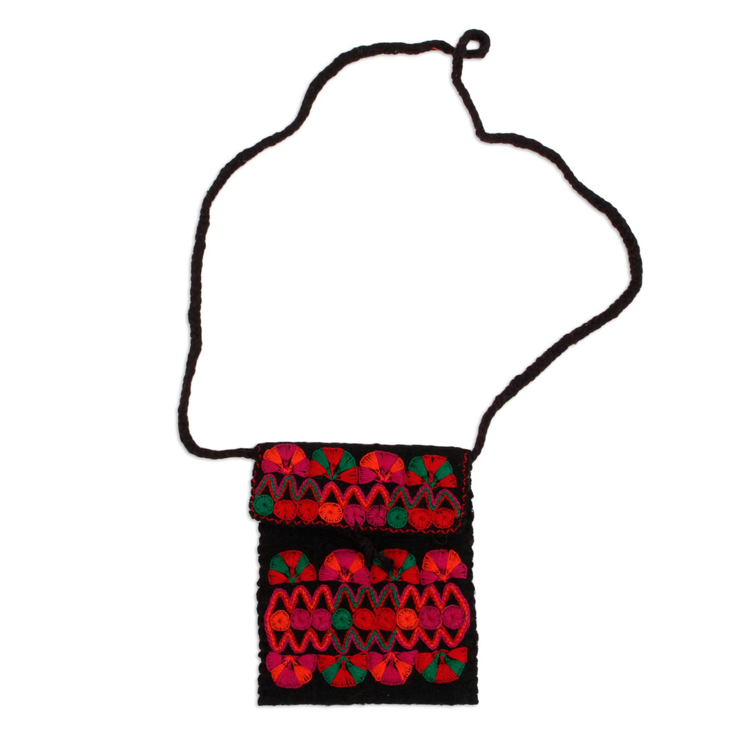 Artisan Crafted Cotton-Embroidered Wool Sling from Mexico - Sweet Black