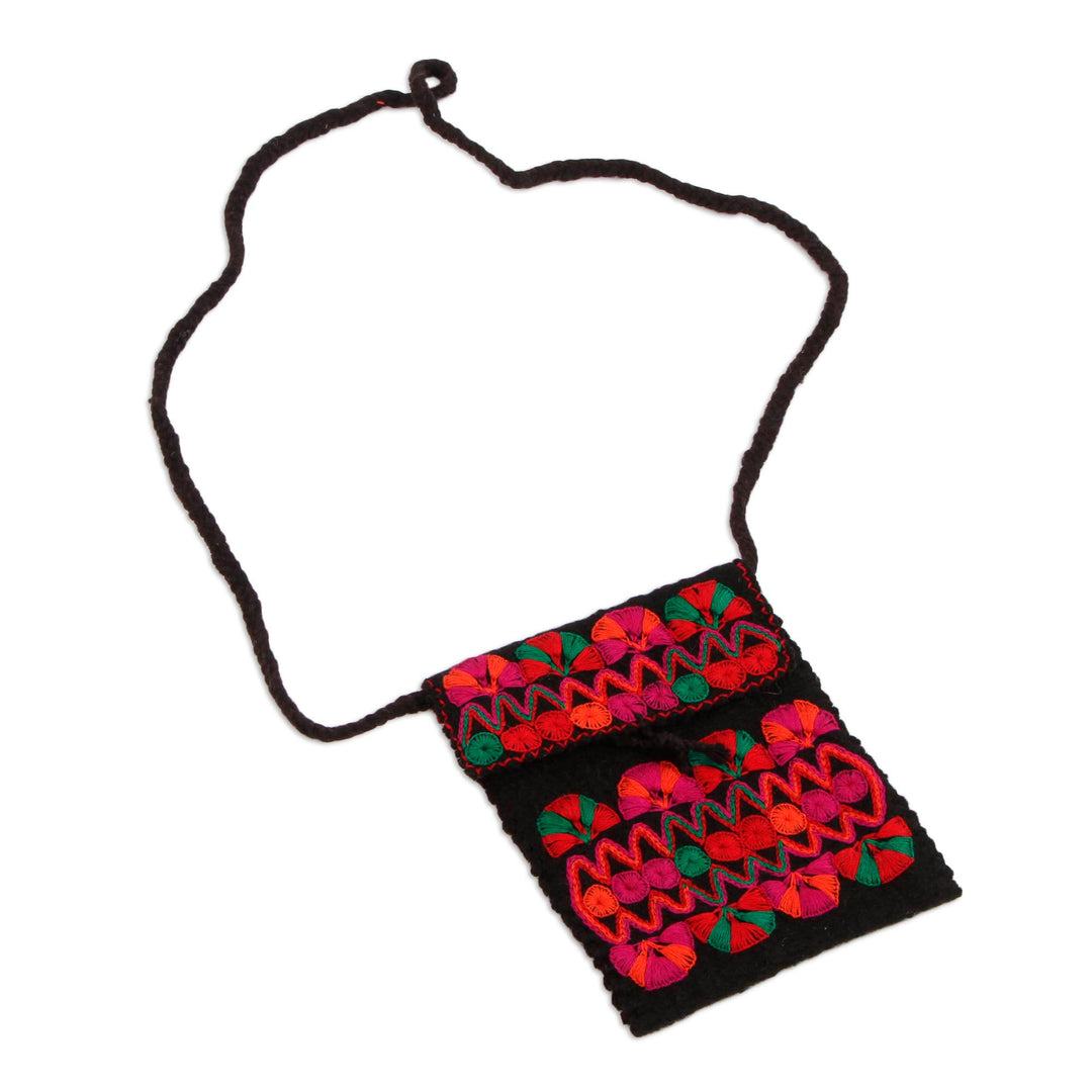 Artisan Crafted Cotton-Embroidered Wool Sling from Mexico - Sweet Black