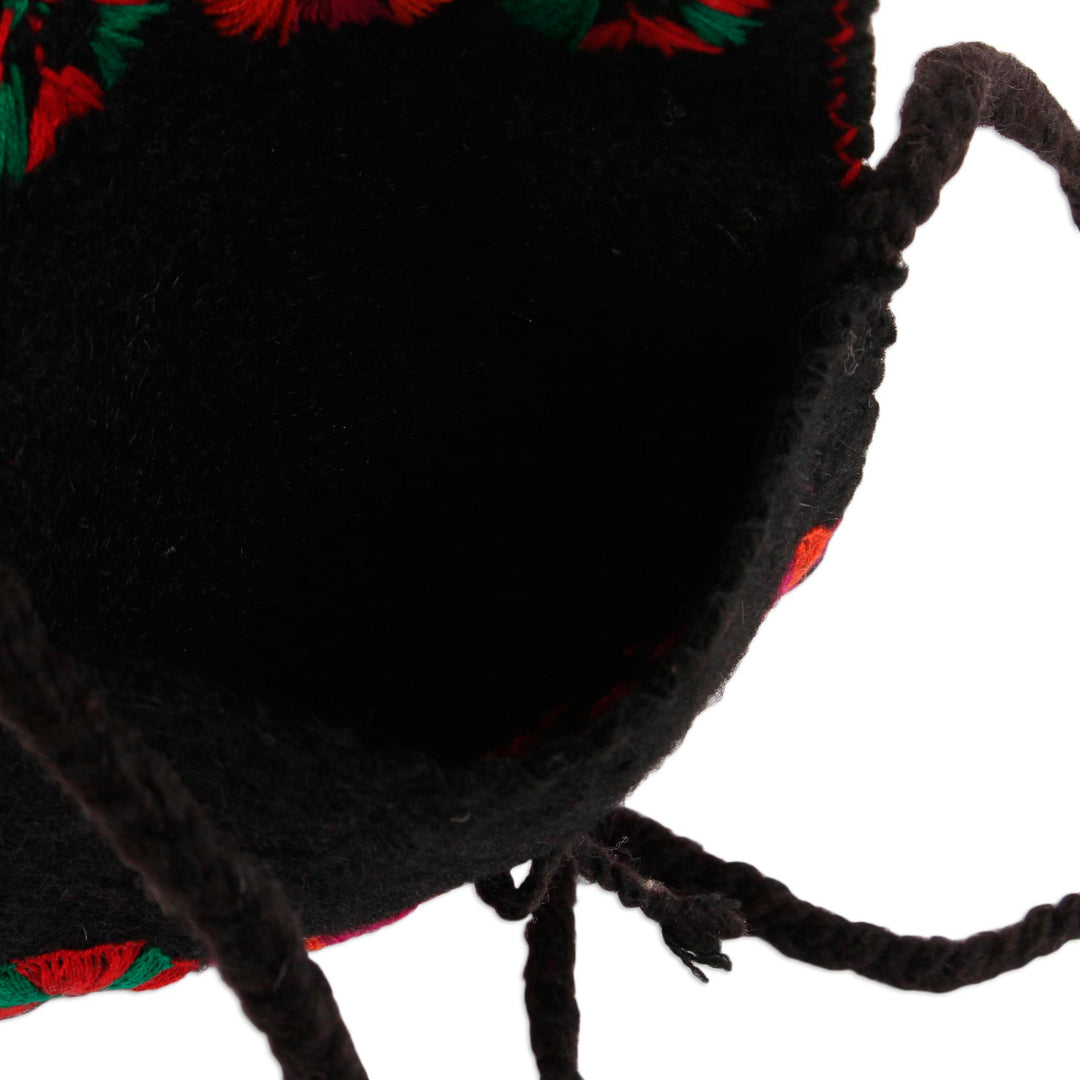 Artisan Crafted Cotton-Embroidered Wool Sling from Mexico - Sweet Black