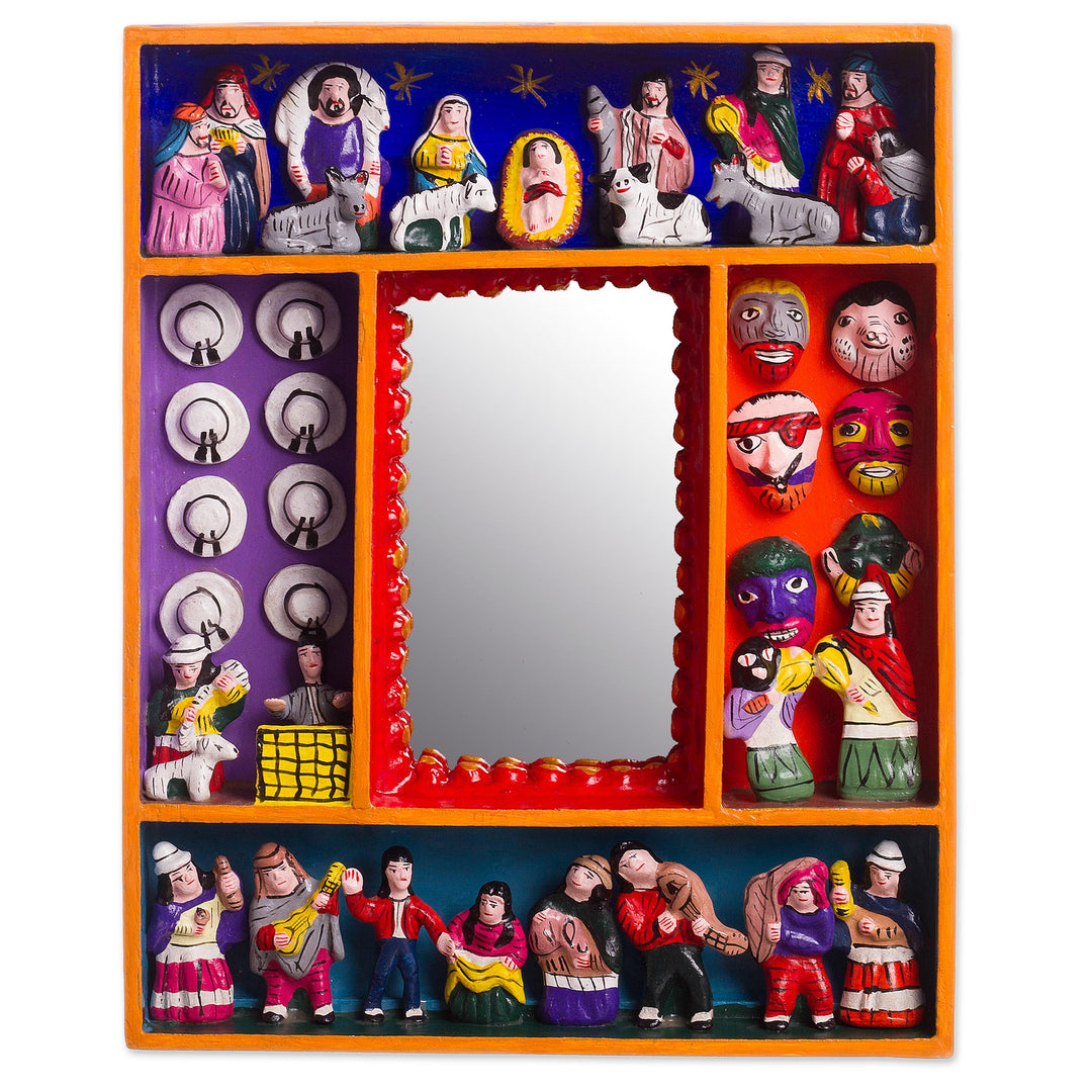 Retablo-Style Nativity Wood Wall Mirror from Peru - Ayacucho Birth