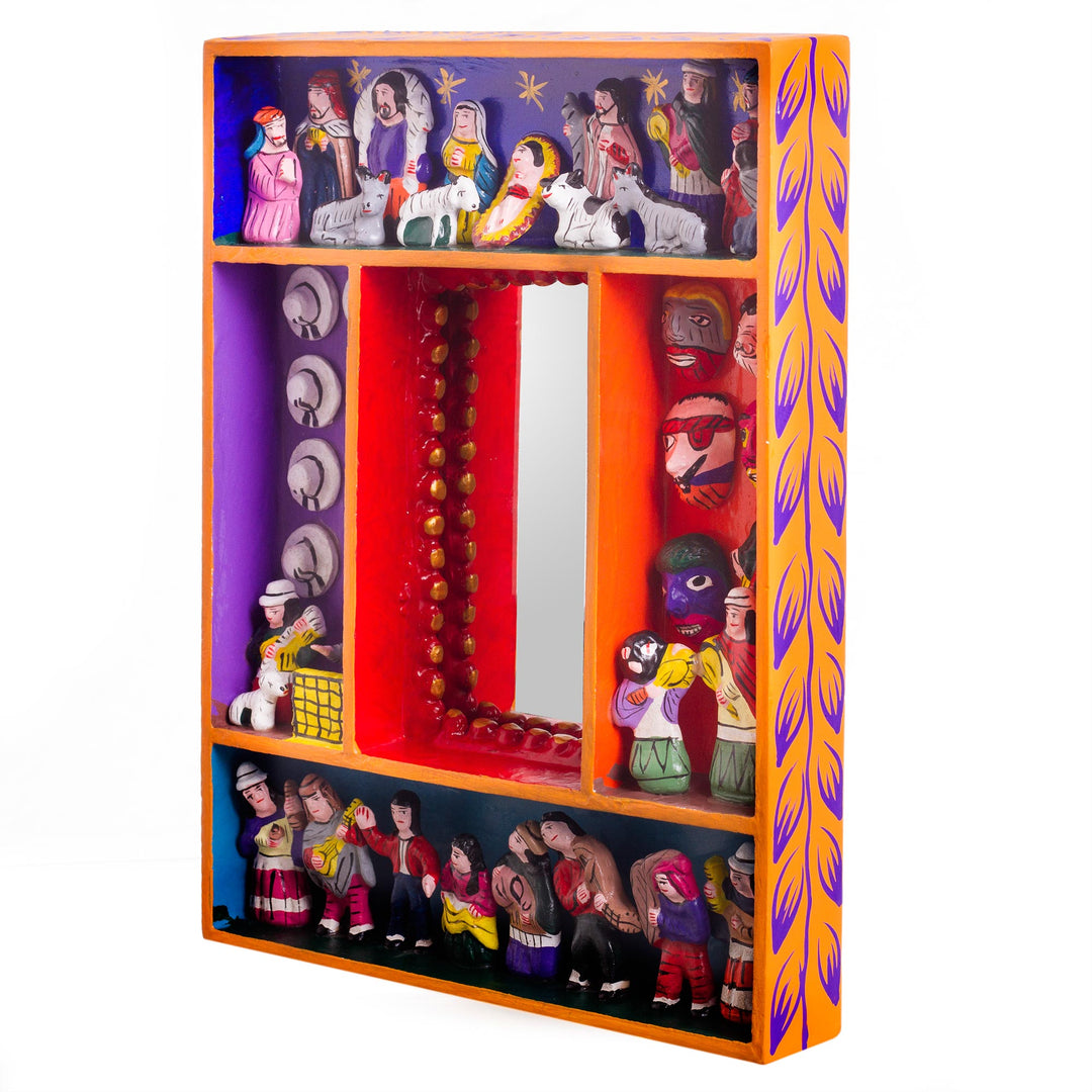 Retablo-Style Nativity Wood Wall Mirror from Peru - Ayacucho Birth