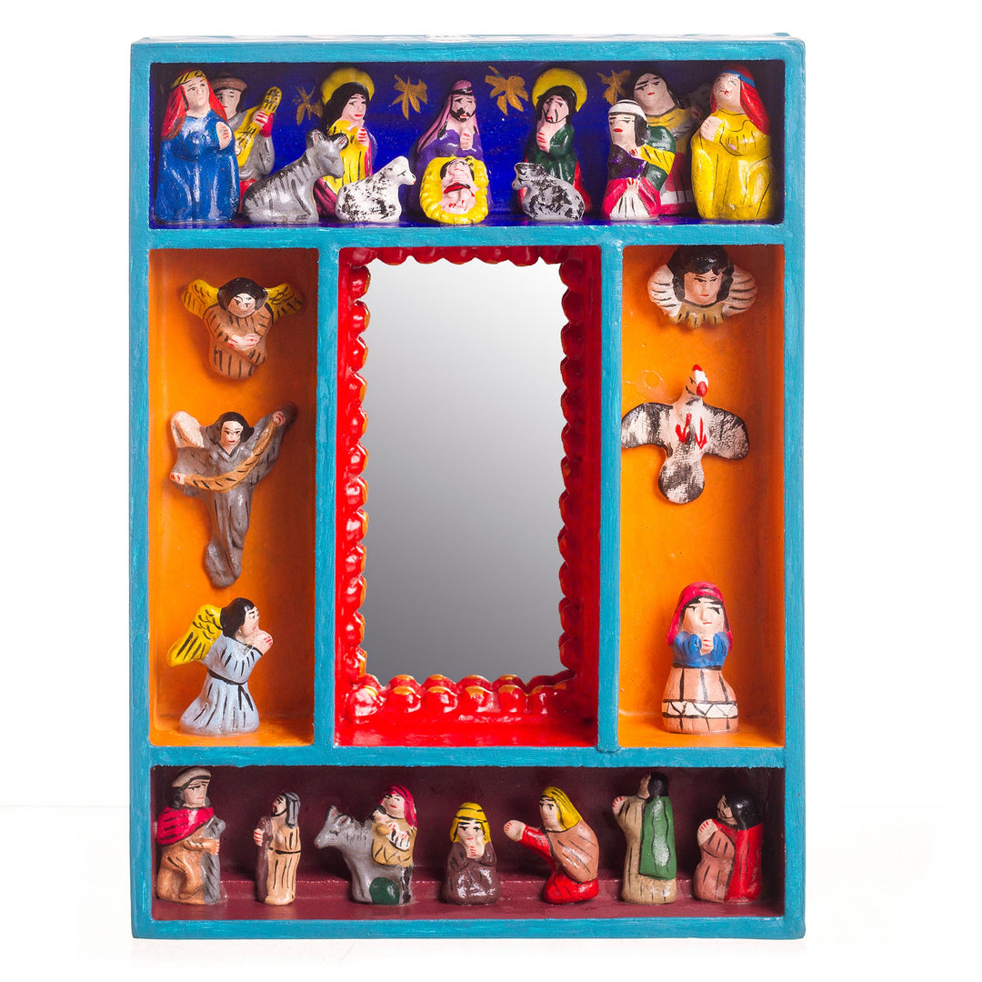 Nativity-Themed Wood and Ceramic Wall Mirror from Peru - Nativity Reflection