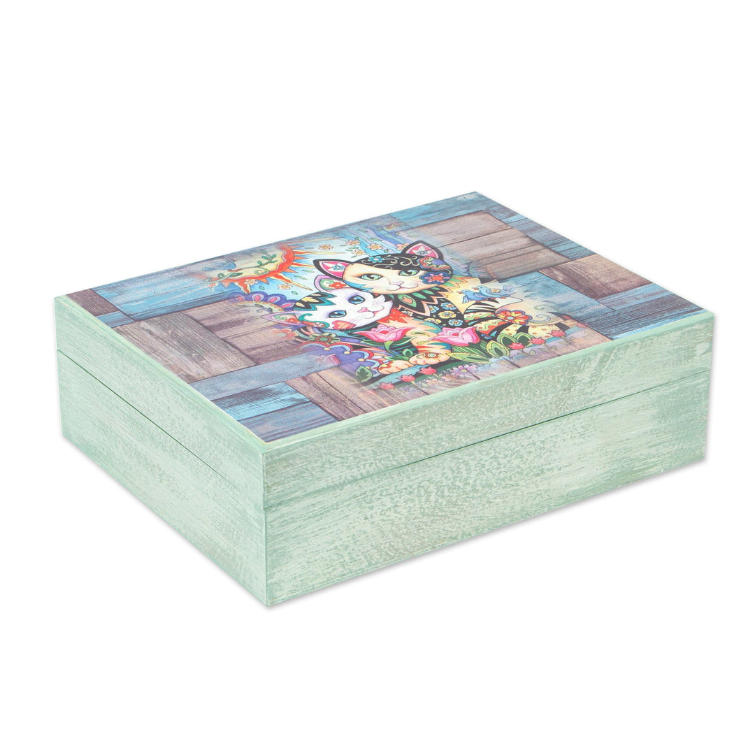 Cat-Themed Decoupage Wood Decorative Box from Mexico - Floral Cats