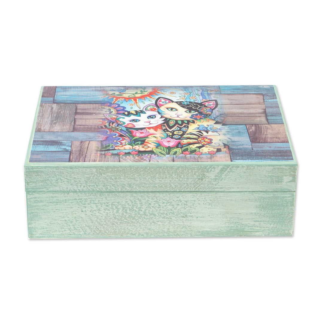 Cat-Themed Decoupage Wood Decorative Box from Mexico - Floral Cats