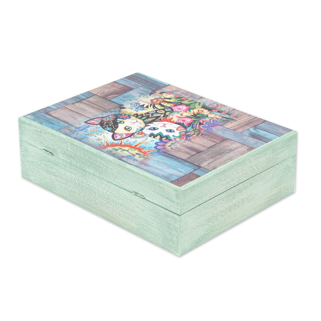 Cat-Themed Decoupage Wood Decorative Box from Mexico - Floral Cats