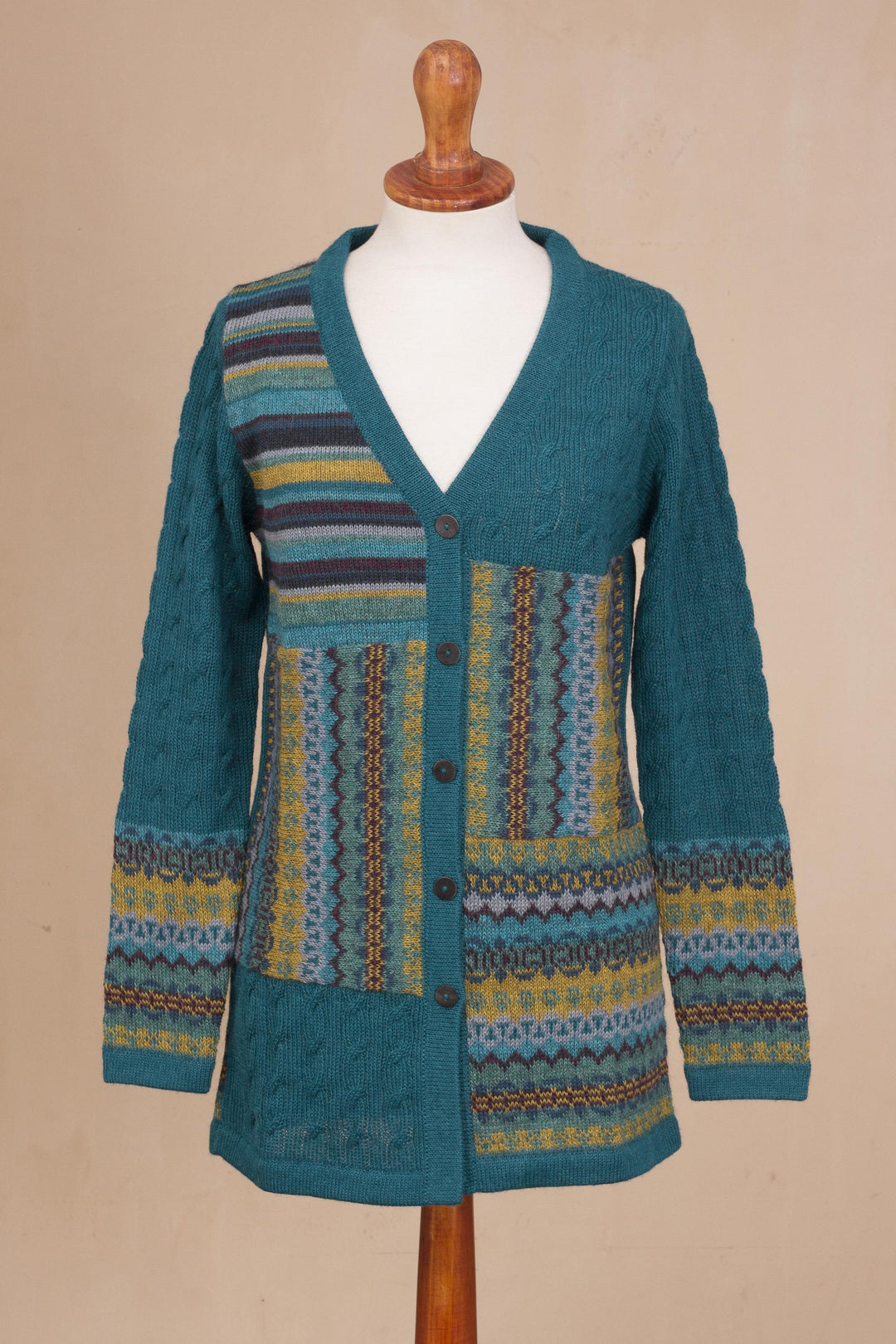 Cable Knit 100% Alpaca Cardigan in Teal from Peru - Patchwork in Teal