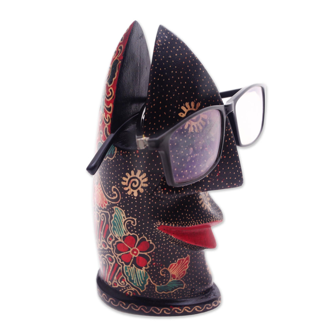 Hand-Painted Batik Wood Eyeglasses Holder from Java - Batik Nose