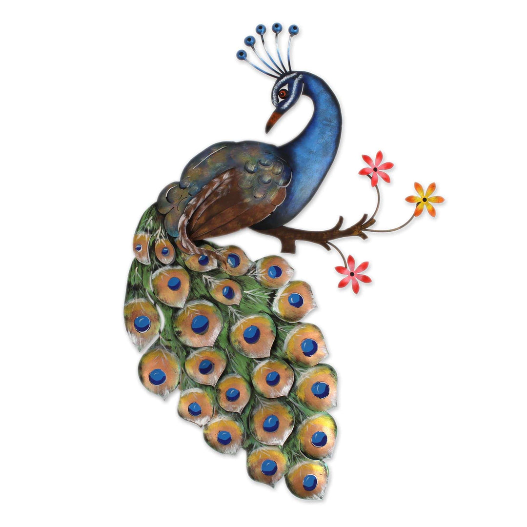 Floral Steel Peacock Wall Sculpture from Mexico - Peacock and Flowers