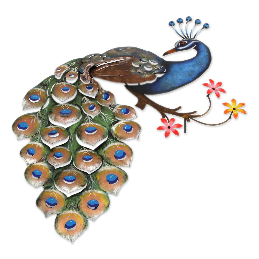 Floral Steel Peacock Wall Sculpture from Mexico - Peacock and Flowers