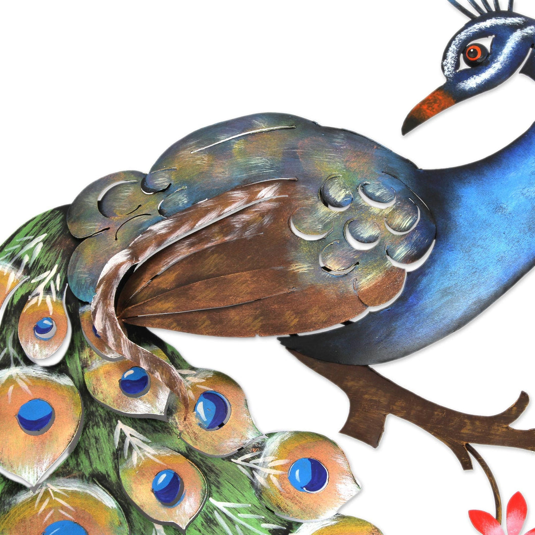 Floral Steel Peacock Wall Sculpture from Mexico - Peacock and Flowers