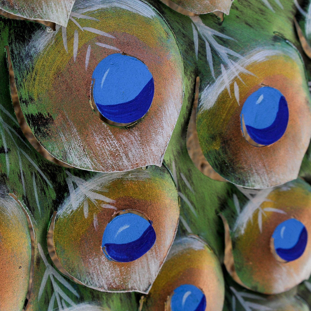 Floral Steel Peacock Wall Sculpture from Mexico - Peacock and Flowers