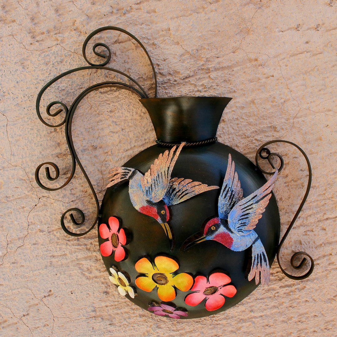 Floral Hummingbird Steel Wall Sculpture from Mexico - Hummingbirds and Flowers