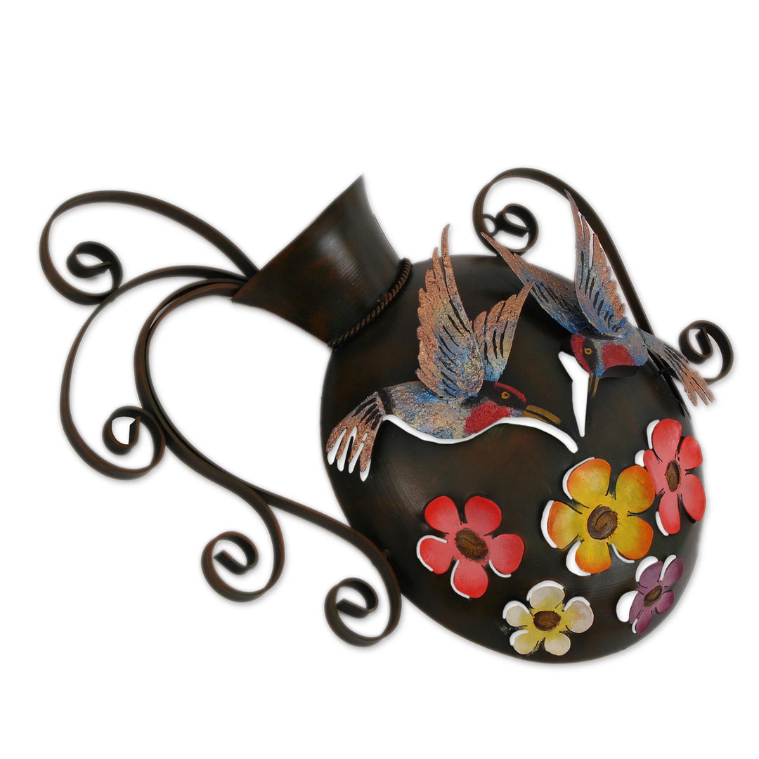 Floral Hummingbird Steel Wall Sculpture from Mexico - Hummingbirds and Flowers