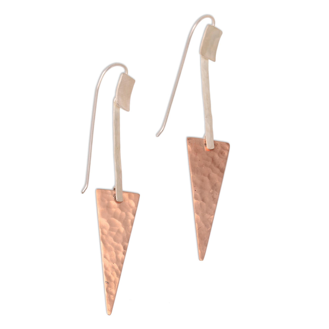 Triangular Sterling Silver and Copper Dangle Earrings - Glistening Triangles