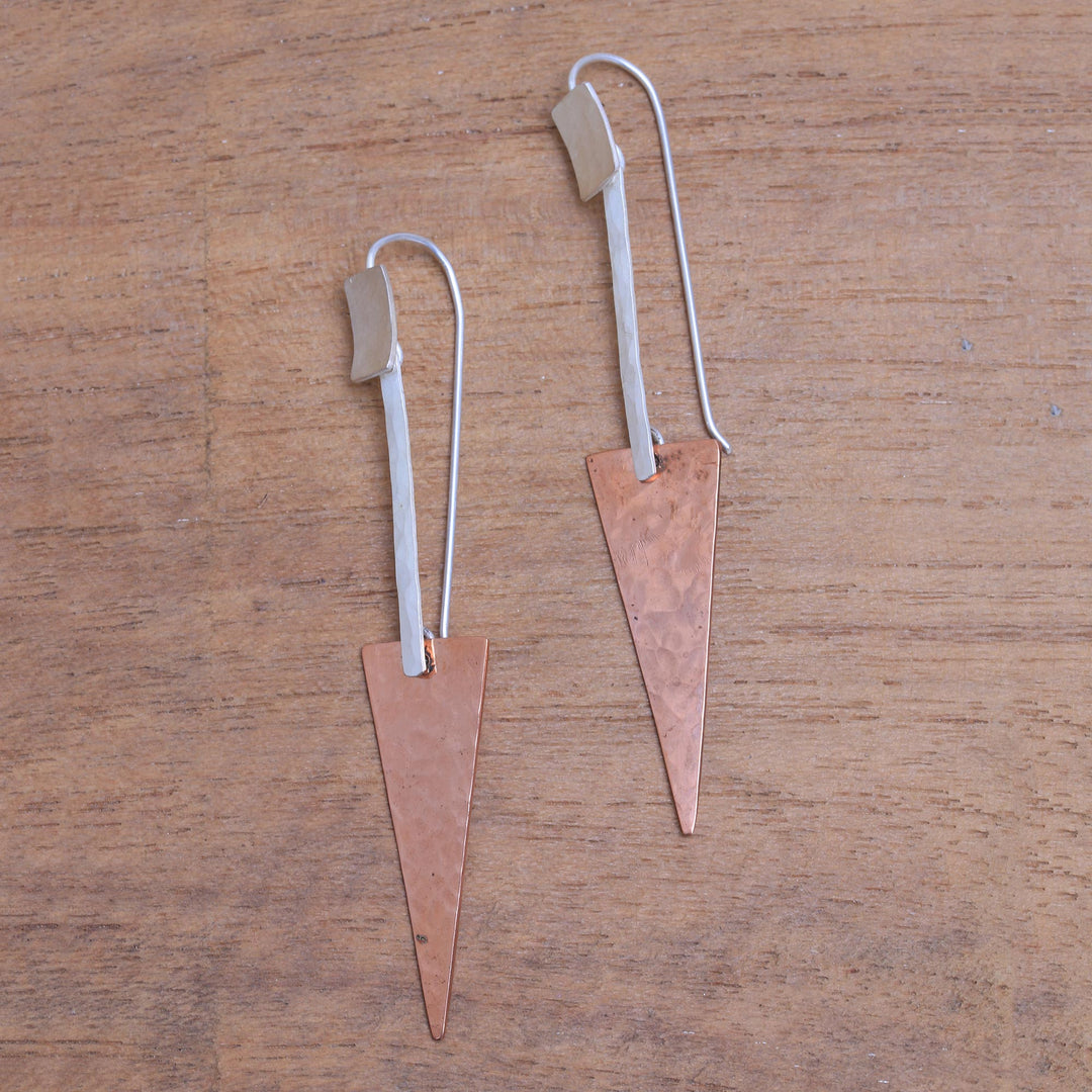Triangular Sterling Silver and Copper Dangle Earrings - Glistening Triangles