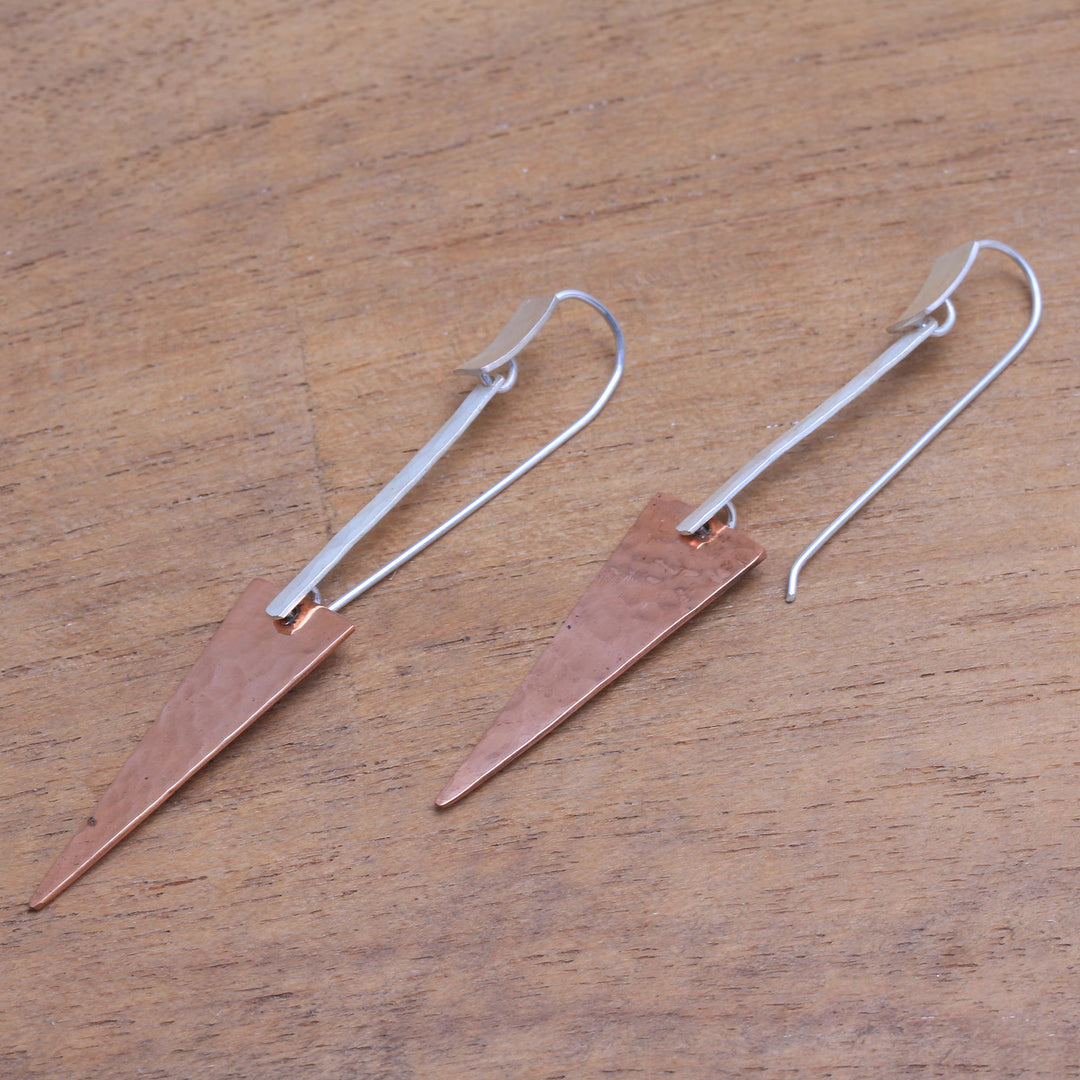 Triangular Sterling Silver and Copper Dangle Earrings - Glistening Triangles
