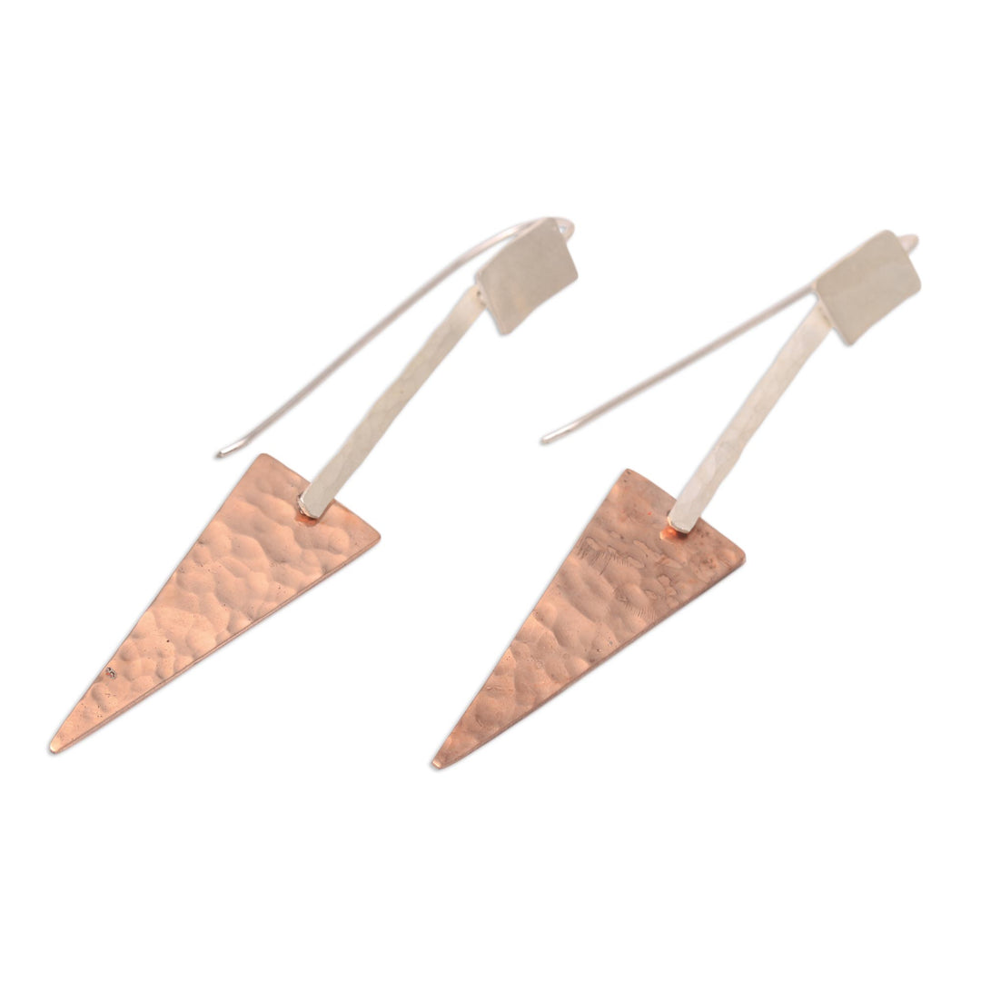 Triangular Sterling Silver and Copper Dangle Earrings - Glistening Triangles