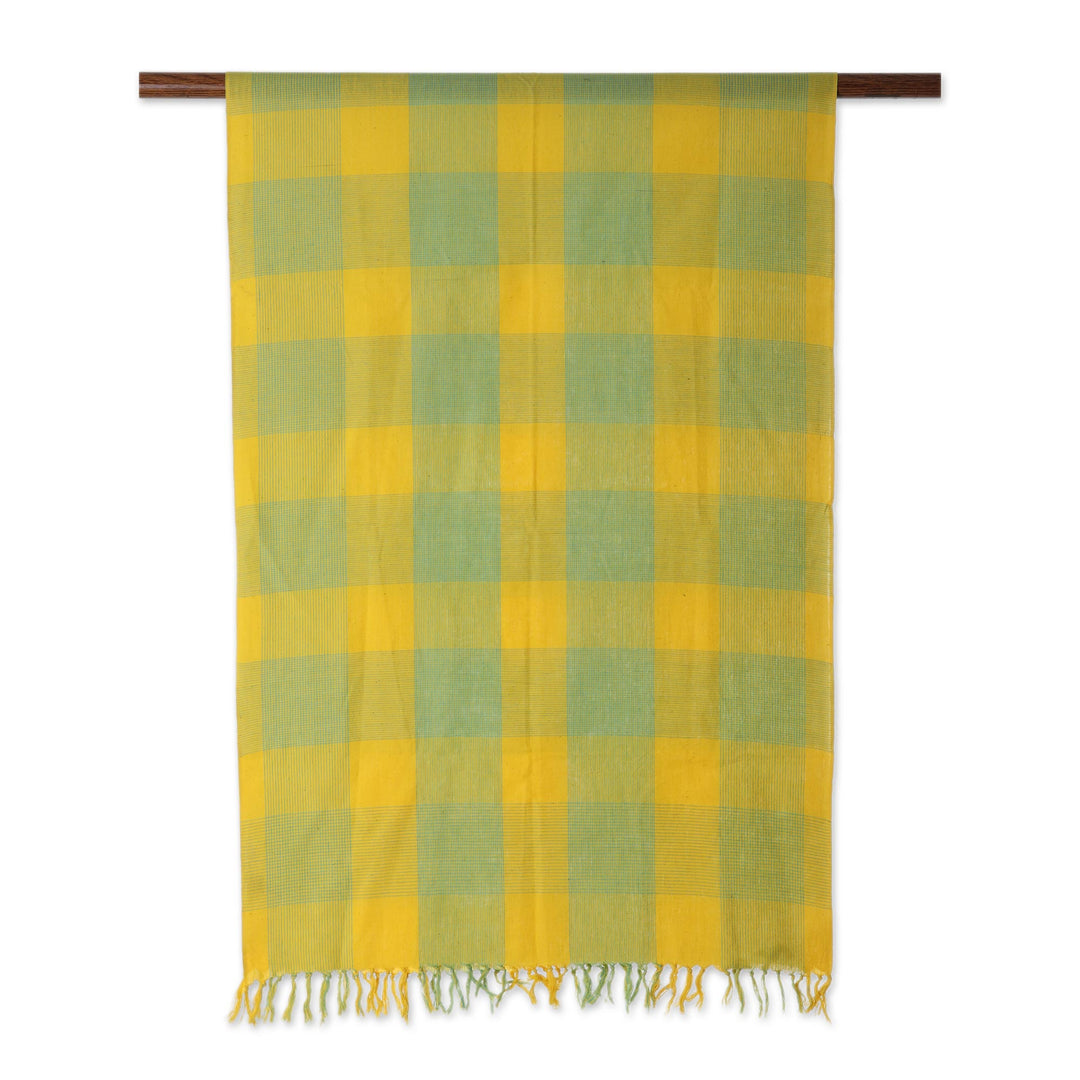 Daffodil and Turquoise Cotton Wrap Scarf from India - Daffodil Glow