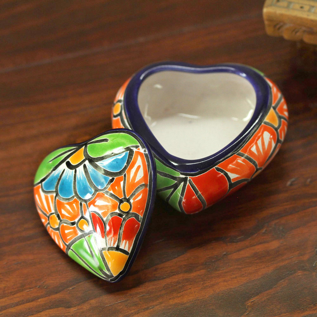 Heart-Shaped Talavera-Style Ceramic Decorative Box - Floral Heart